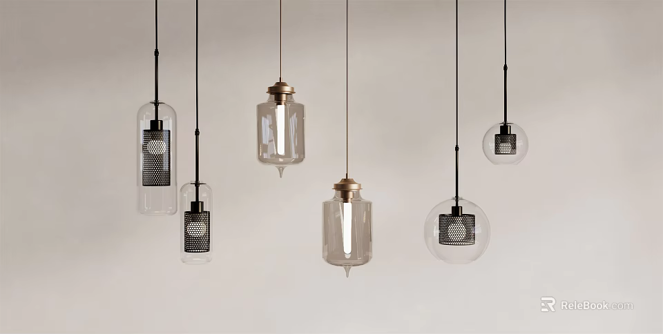 Modern Pendant Lights With Clear Glass Bodies And Metal Accents In Diverse Shapes 3d model 