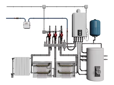 Efficient Residential Piping System With Water Heater Radiator Storage Tank And Valves 3d model