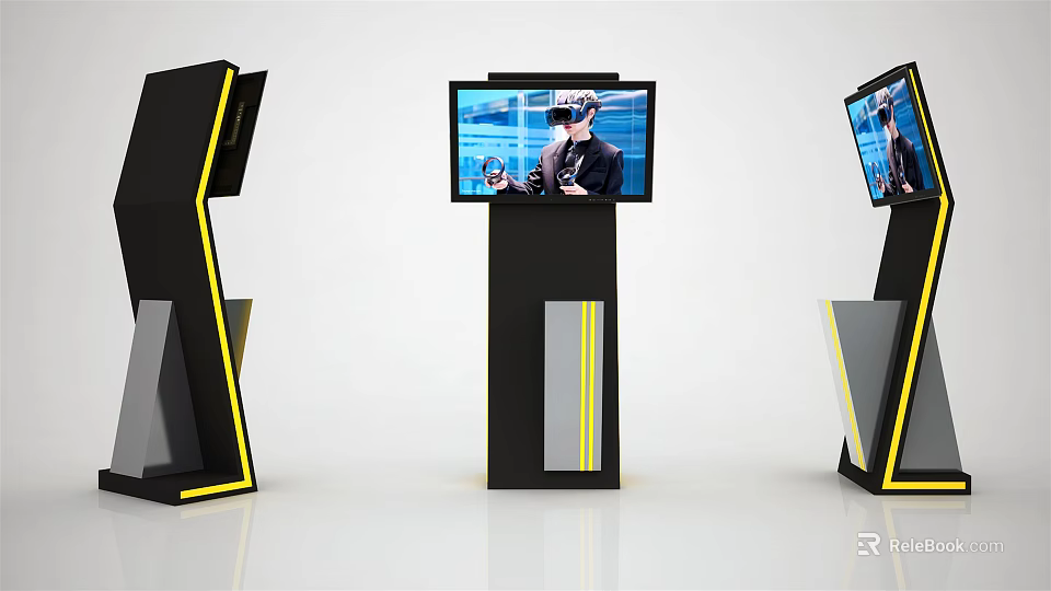Modern Public Information Kiosks With Black Yellow Accent Design Vertical Stand And Digital Screens 3d model 