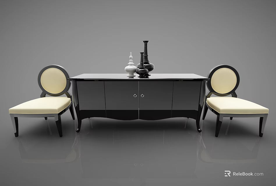 Stylish Single Sofa with Light Cushion Dark Frame and Cabinet Decorative Vases in Living Room 3d model 