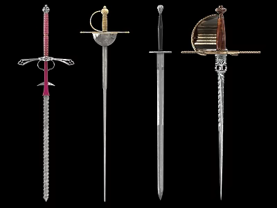 Four Different Decorative Swords With Ornate Hilt Designs And Metal Blades On Black Background 3d model