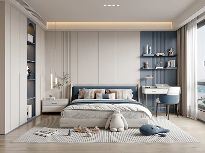 Modern Kids Bedroom Design With Bed Desk Bookshelves And Toys 3d model