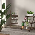 Indoor Wooden Multi Tiered Flower Stand Placed Near Window with Green Plants and Small Potted Plants