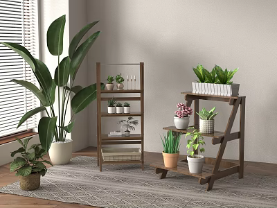 Indoor Wooden Multi Tiered Flower Stand Placed Near Window with Green Plants and Small Potted Plants 3d model