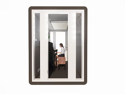 Person Playing Piano In Bright Room With Large Window And Interior Design 3d model