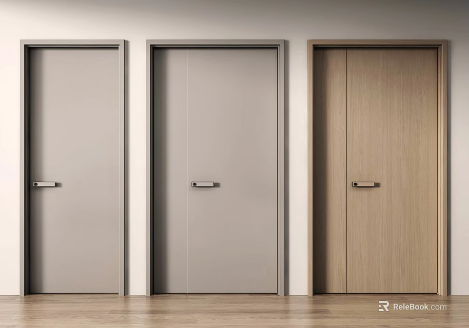 Modern Double Leaf Door Design With Three Side By Side Grey And Wooden Panel Styles 3d model 
