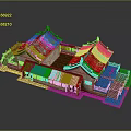 Traditional Chinese Clothing Display In Courtyard With Wooden Structure And Green Roofs