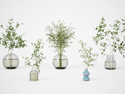 Glass Vases With Green Plants Including Round Transparent And Blue Decorative Designs 3d model