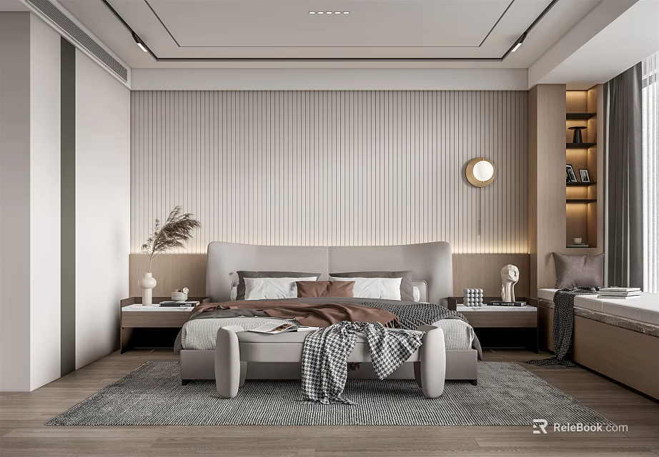 Modern Bedroom Interior Design With Striped Wall Bedside Tables Ceiling Lights And Soft Rug 3d model 
