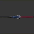 Futuristic Spear Like Weapon With Red Shaft Blue Cone White Stripes And Yellow Tip