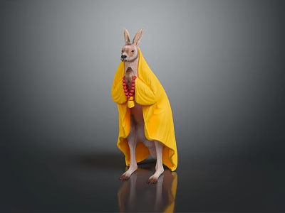 Kangaroo Standing Wearing Yellow Cloak And Red Bead Necklace Against Gray Background With Floor Reflection 3d model