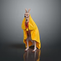 Kangaroo Standing Wearing Yellow Cloak And Red Bead Necklace Against Gray Background With Floor Reflection