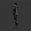 Detailed Game Movie Male Character In Blue Mechanical Armor Standing With Arms Outstretched