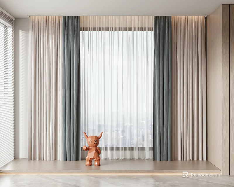 Gray And Beige Curtains With White Sheer By Window Featuring City View And Brown Figurine 3d model 