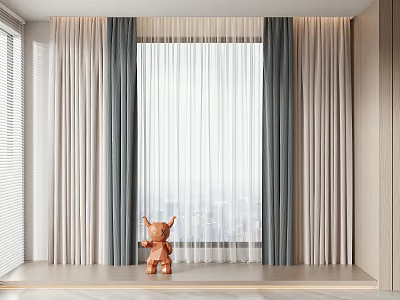 Gray And Beige Curtains With White Sheer By Window Featuring City View And Brown Figurine 3d model