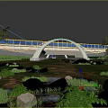 Road Infrastructure Featuring Arch Bridge Over River With Evening Sky Natural Surroundings And Illuminated Design
