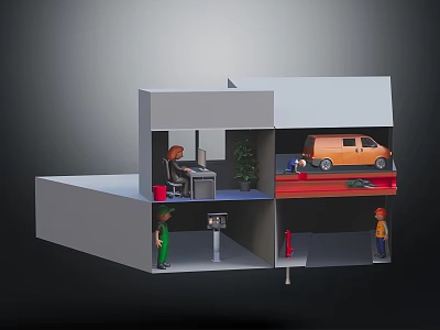Layered Building Model Featuring Office Scene Computer Christmas Tree Workers And Orange Van 3d model