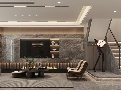 Elegant Modern Living Dining Room Interior With Open Concept Marble TV Wall And Sofa 3d model