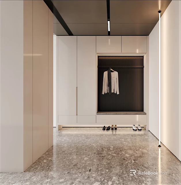 Modern Entryway Hallway Interior Design With White Storage Cabinets Clothing Hanger And Terrazzo Floor 3d model 