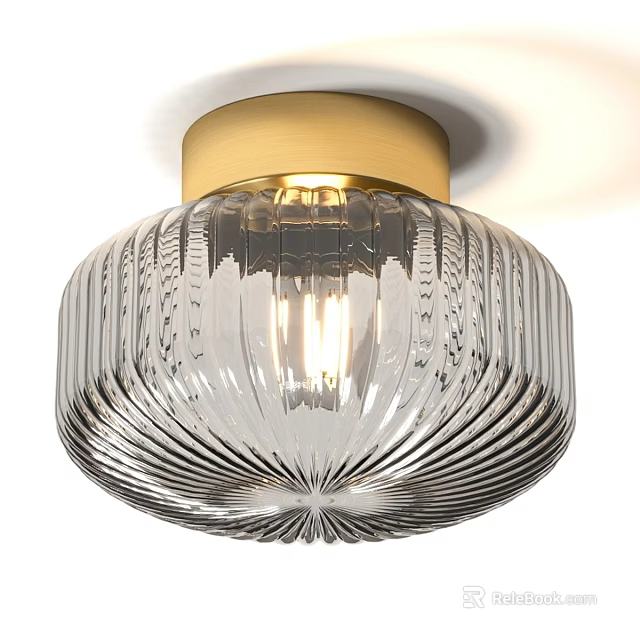 Modern Decorative Ceiling Light with Golden Base and Clear Ribbed Glass Shade 3d model 
