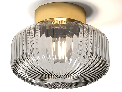 Modern Decorative Ceiling Light with Golden Base and Clear Ribbed Glass Shade 3d model