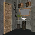Rustic Industrial Washbasin With Stone Walls Wooden Door Barrel Base White Bowl Sink Mirror