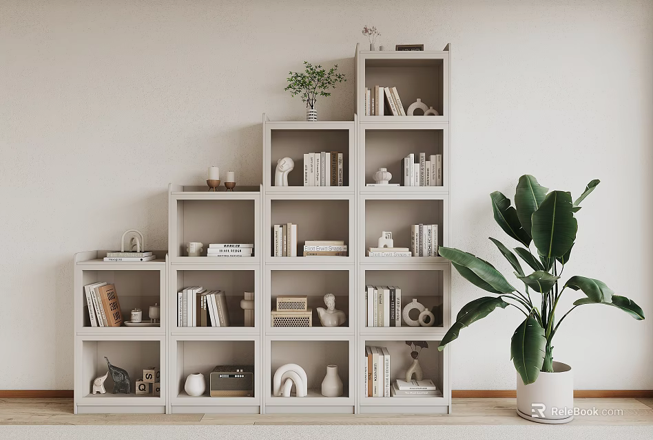 Minimalist Bookcase with Books and Decorative Items on Multiple Shelves Beside Large Green Plant 3d model 