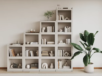 Minimalist Bookcase with Books and Decorative Items on Multiple Shelves Beside Large Green Plant 3d model