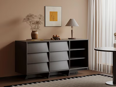 Gray Modern Entryway Sideboard Cabinet With Drawers Shelves And Decorative Items On Top 3d model