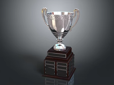 Silver Trophy With Twin Handles Wooden Base And Engraved Plates 3d model
