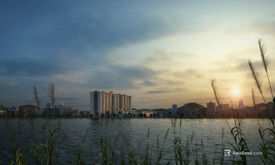 Serene Sunset Lakeside Urban Landscape With Calm Water Swaying Reeds And Distant City Buildings 3d model 