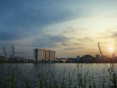 Serene Sunset Lakeside Urban Landscape With Calm Water Swaying Reeds And Distant City Buildings 3d model