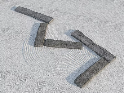 Traditional Zen Garden Design With Long Gray Stones And Wooden Accents On Textured Ground 3d model