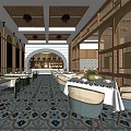 Elegant Restaurant Interior With Arched Design Wooden Decor Mirror Walls Green Seats And Colorful Tiles