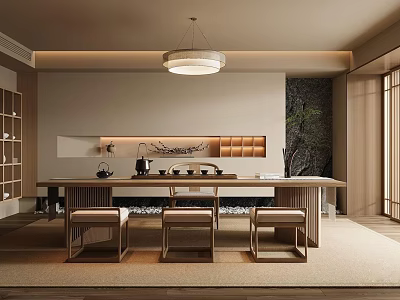 Traditional Tea Room Interior With Wooden Table Tea Sets Hanging Lamp And Green Plant 3d model