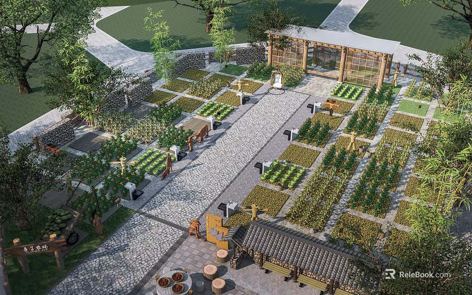 Traditional Garden Landscape With Neatly Arranged Plant Beds Stone Pathways And Wooden Pergola 3d model 
