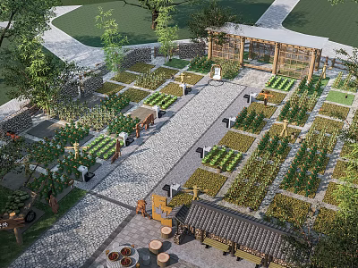 Traditional Garden Landscape With Neatly Arranged Plant Beds Stone Pathways And Wooden Pergola 3d model