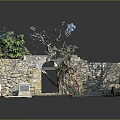 Natural Stone Wall With Arched Doorway And Wooden Tree Roots Decorative Elements