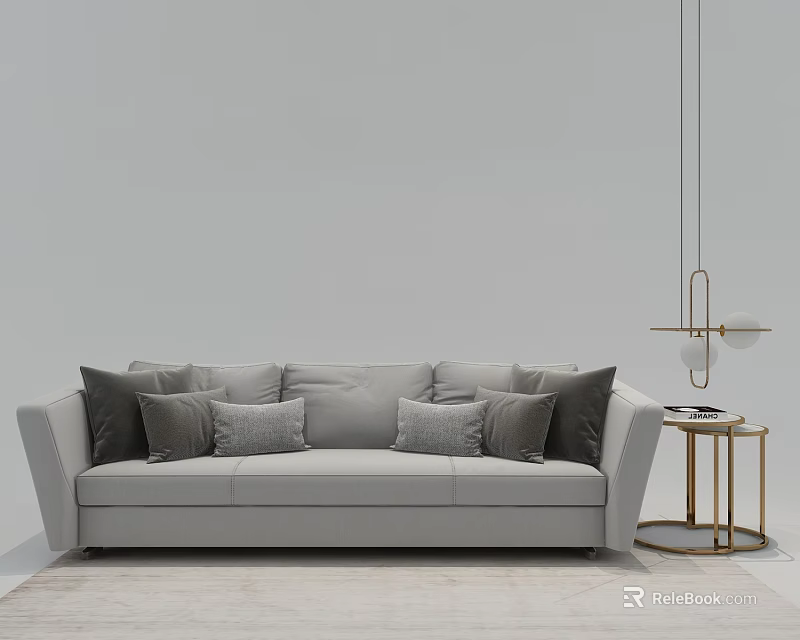 Gray Multi Seater Sofa With Various Gray Cushions And Gold Side Table 3d model