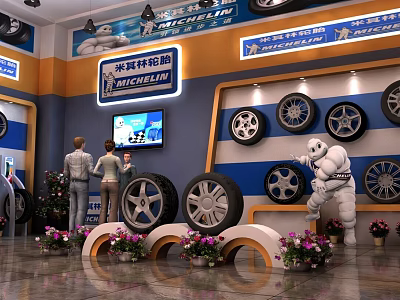 Michelin Tire Store Interior With Wall Mounted Tires Display Stands And Customers 3d model