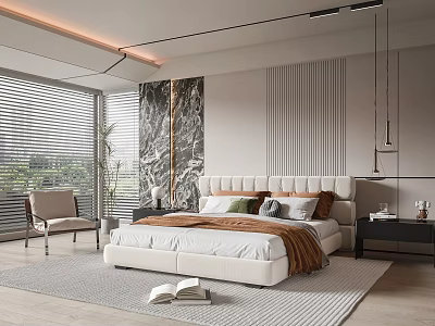 Modern Bedroom Interior With Upholstered Headboard Green Gray Pillows And Marble Accent Wall 3d model