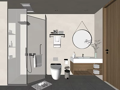 Modern Bathroom Interior Design With Glass Shower Enclosure Toilet Vanity Round Mirror And Towels 3d model