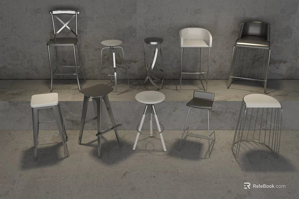 Modern Bar Stools With Various Designs Metal Frames And Different Seat Styles 3d model