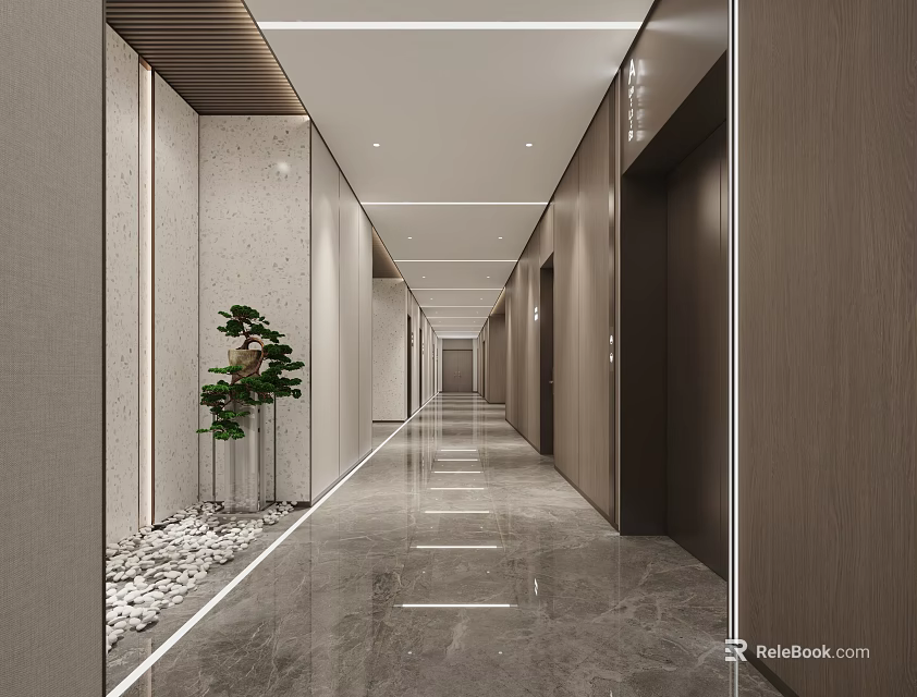 Modern Hospital Outpatient Corridor Design With Marble Flooring Elevators Green Plants And Lighting 3d model 