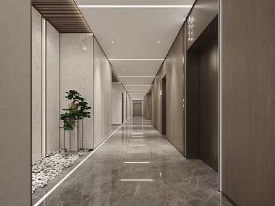 Modern Hospital Outpatient Corridor Design With Marble Flooring Elevators Green Plants And Lighting 3d model