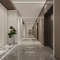 Modern Hospital Outpatient Corridor Design With Marble Flooring Elevators Green Plants And Lighting