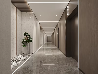 Modern Hospital Outpatient Corridor Design With Marble Flooring Elevators Green Plants And Lighting 3d model