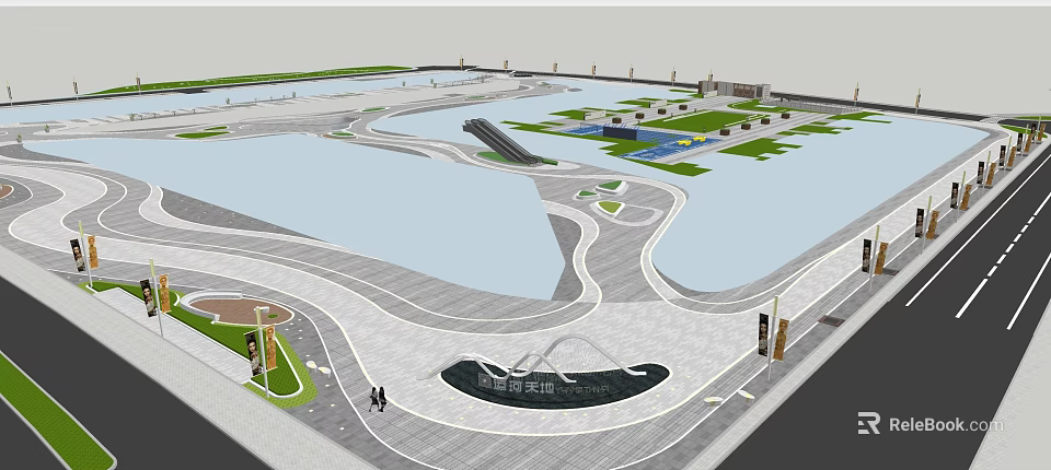 Modern Commercial Landscape Design with Water Features Green Plaza and Pedestrian Walkways 3d model 