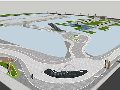 Modern Commercial Landscape Design with Water Features Green Plaza and Pedestrian Walkways 3d model