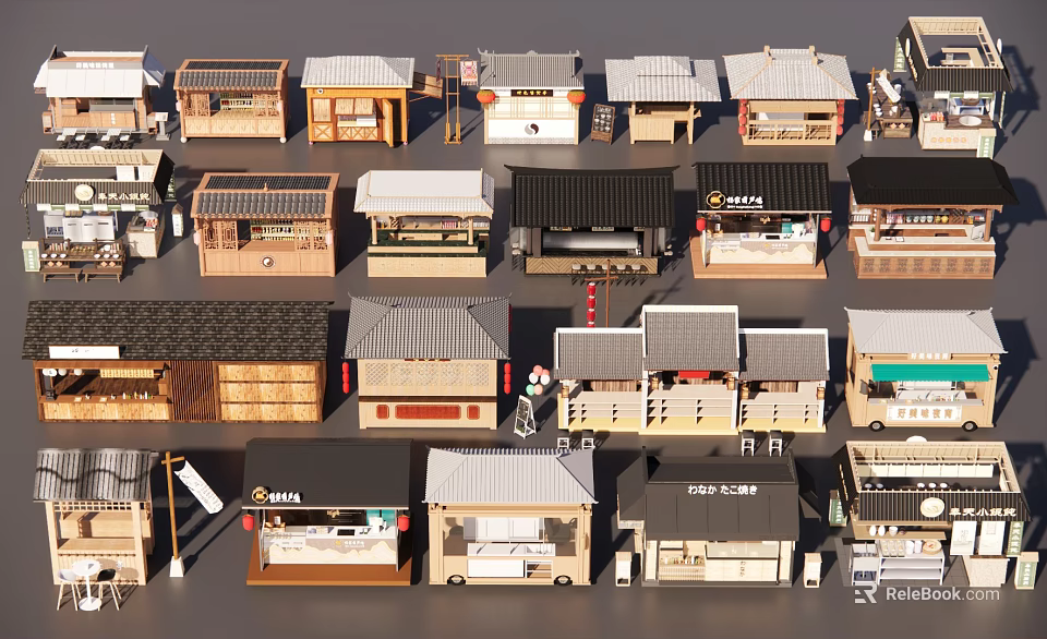 Traditional Japanese Style Miniature Stalls Models with Diverse Roof and Facade Details 3d model 